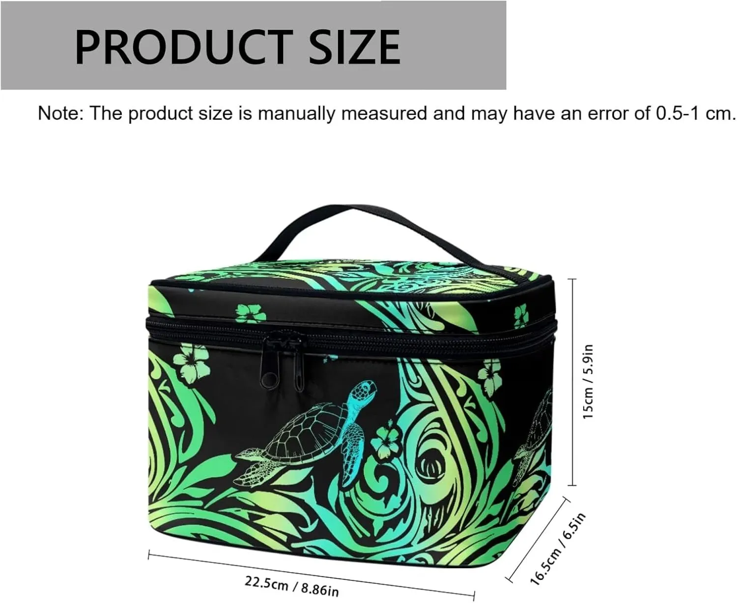 Hawaii Tribal Turtles Makeup Bag Travel Cosmetic Bag Organizer, Boho Tropical Ethnic Stripes Toiletry Bag Make Up Bags with Compartments for Women, Green Black
