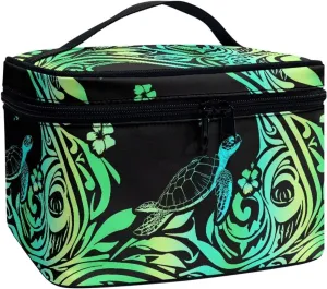 Hawaii Tribal Turtles Makeup Bag Travel Cosmetic Bag Organizer, Boho Tropical Ethnic Stripes Toiletry Bag Make Up Bags with Compartments for Women, Green Black
