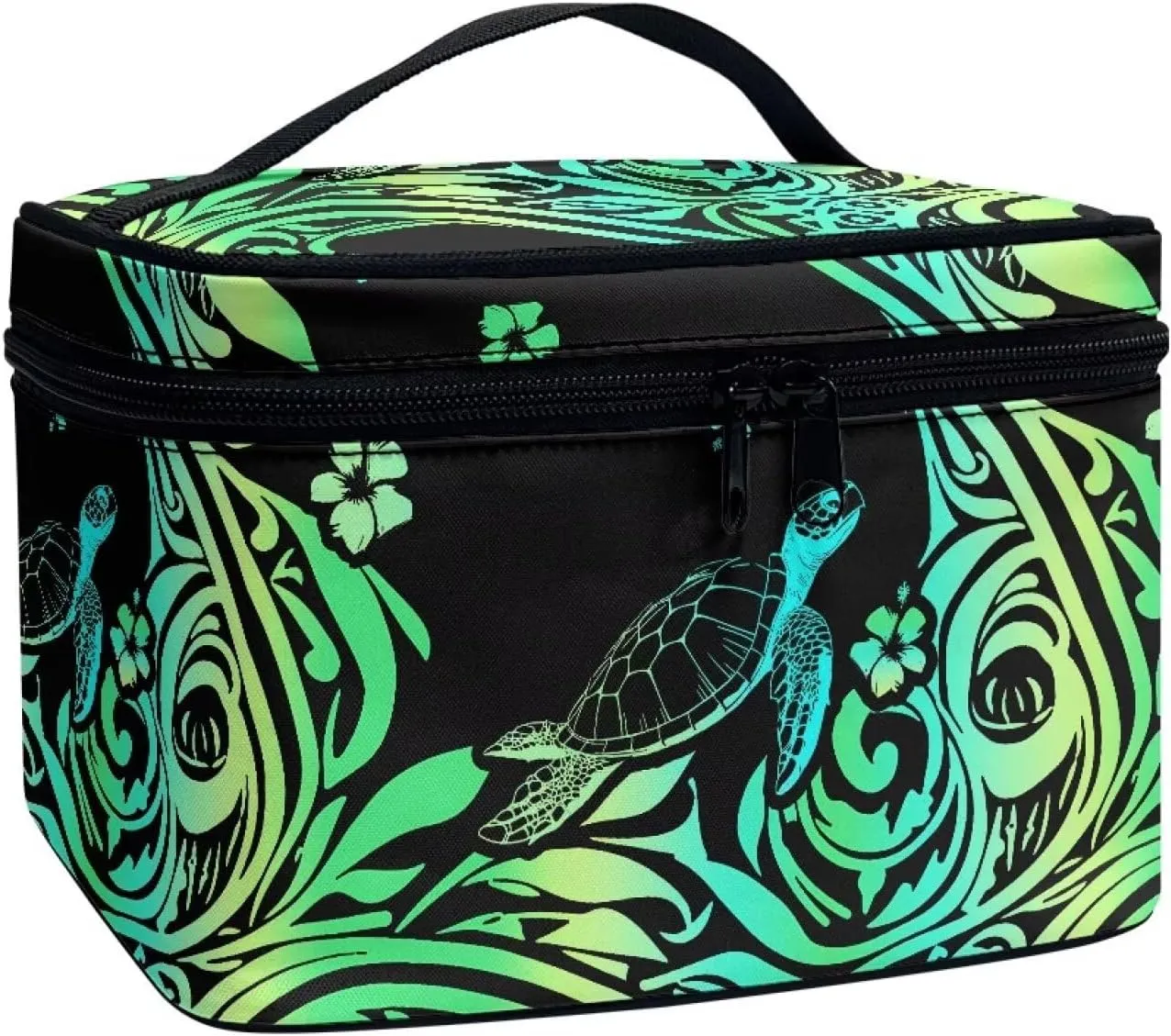 Hawaii Tribal Turtles Makeup Bag Travel Cosmetic Bag Organizer, Boho Tropical Ethnic Stripes Toiletry Bag Make Up Bags with Compartments for Women, Green Black