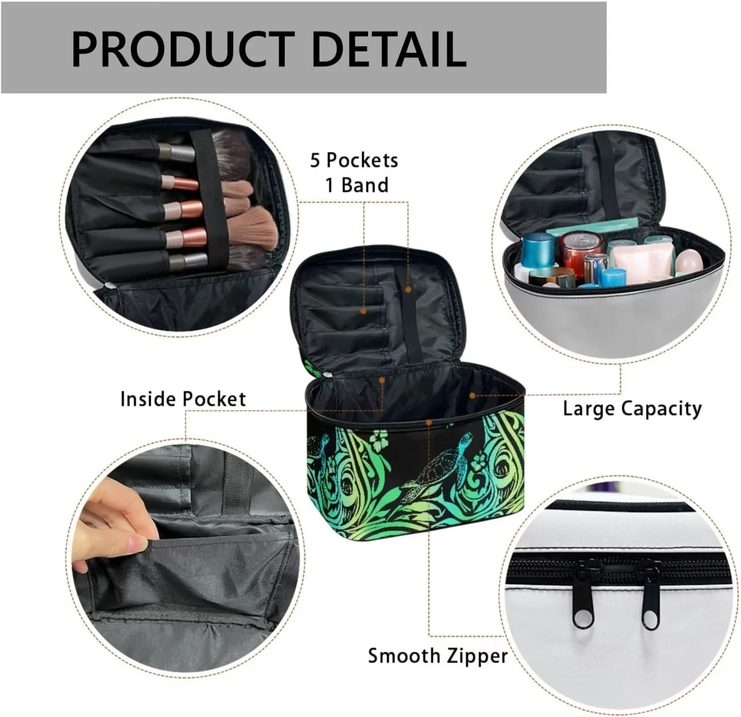 Hawaii Tribal Turtles Makeup Bag Travel Cosmetic Bag Organizer, Boho Tropical Ethnic Stripes Toiletry Bag Make Up Bags with Compartments for Women, Green Black