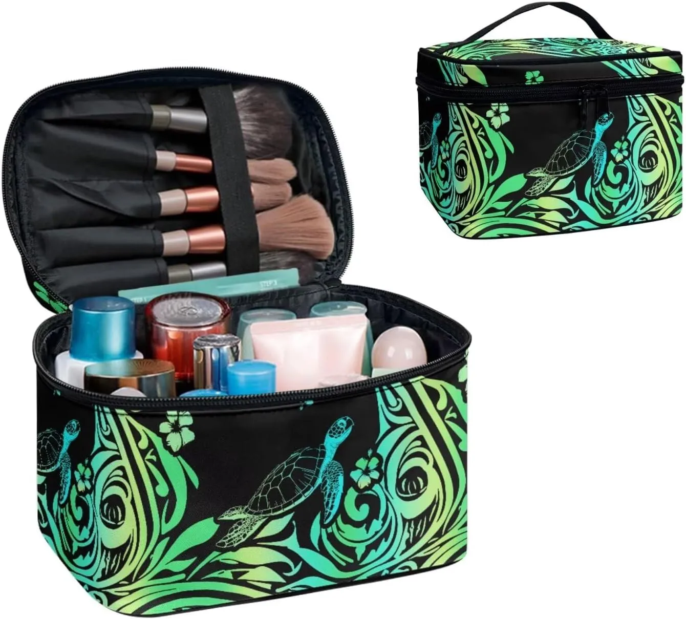 Hawaii Tribal Turtles Makeup Bag Travel Cosmetic Bag Organizer, Boho Tropical Ethnic Stripes Toiletry Bag Make Up Bags with Compartments for Women, Green Black