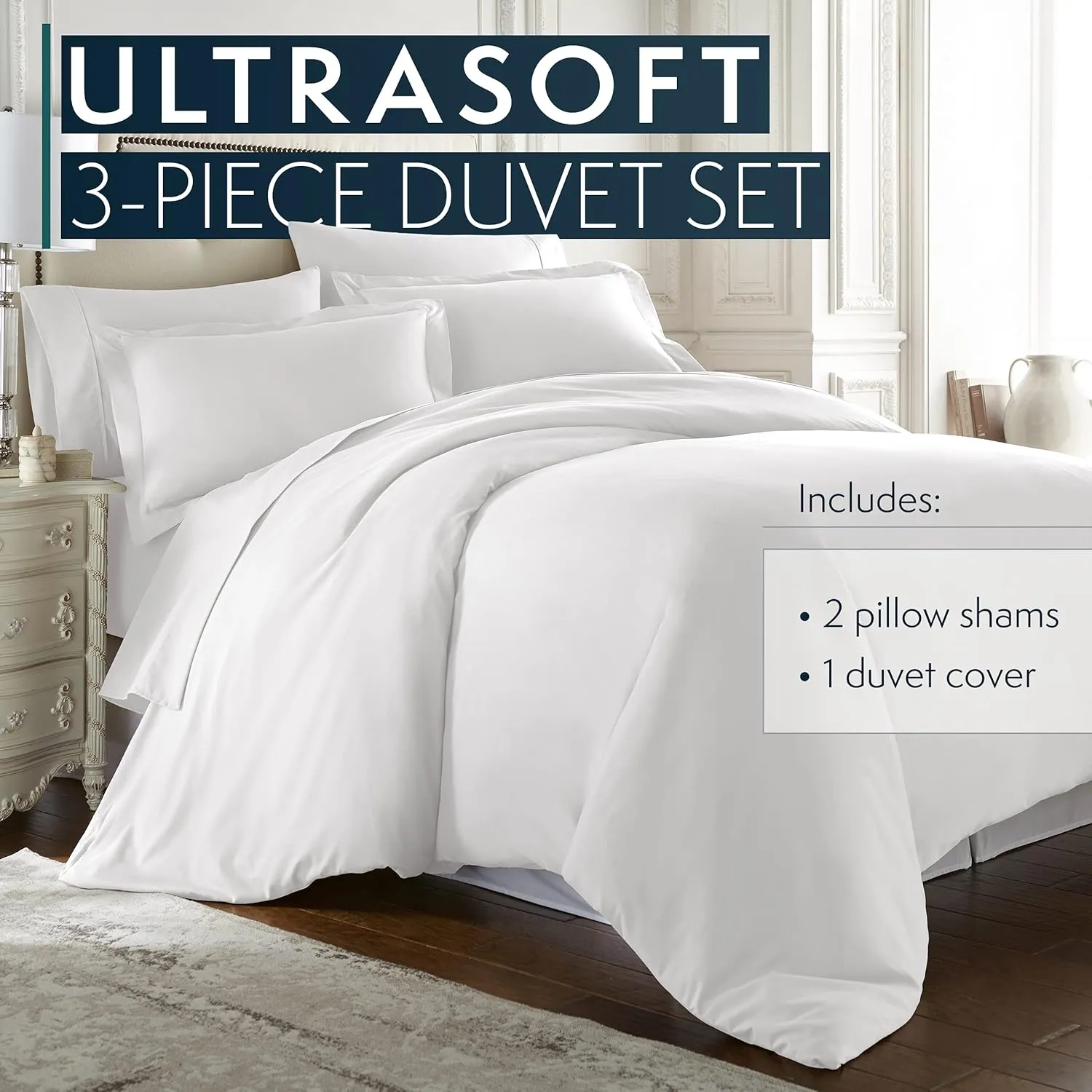 HC COLLECTION Duvet Cover - White Queen Size Duvet Cover - 3 Piece Soft Breathable Microfiber Duvet Cover Set with Zipper Closure & 2 Pillow Shams