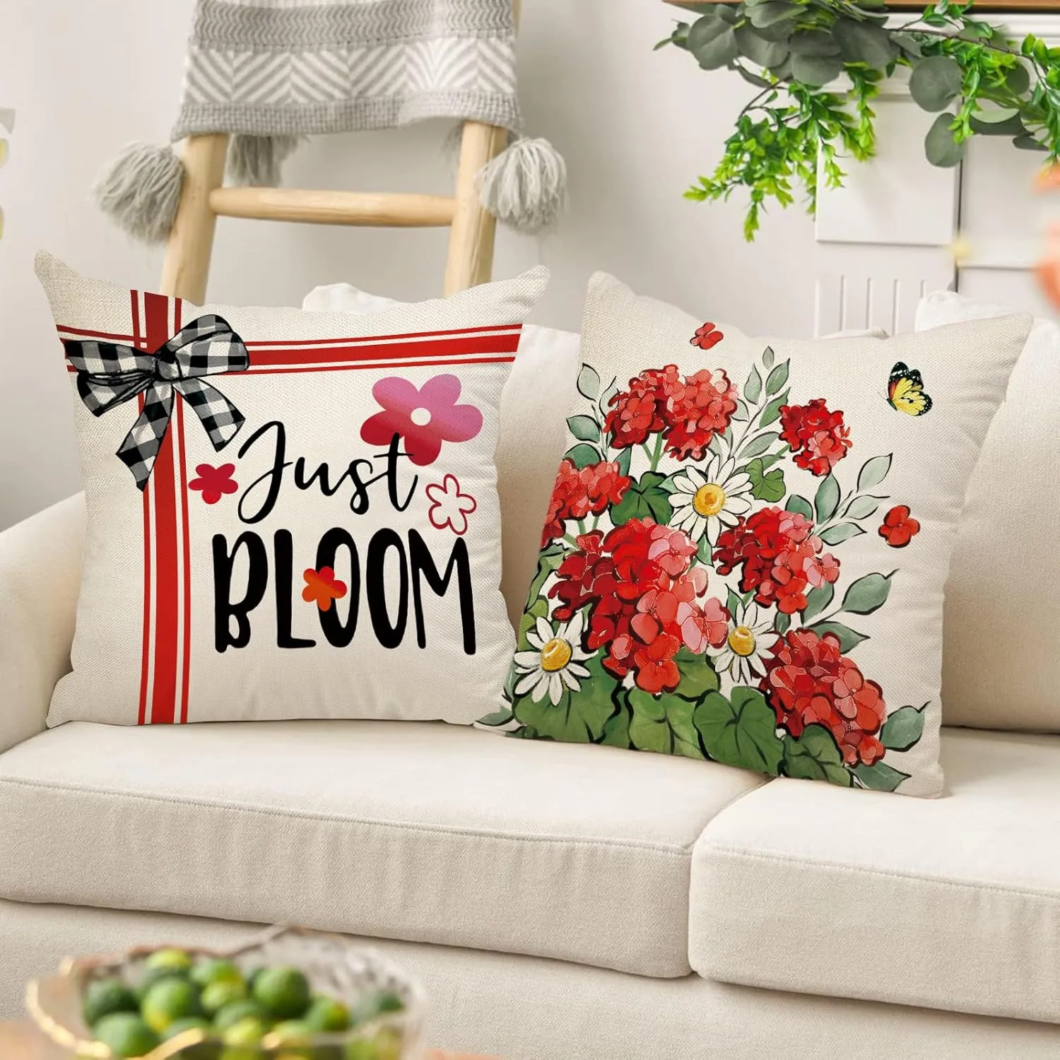 Hello Spring Decorative Throw Pillow Covers 18 x 18 Set of 4, Just Bloom Geranium Daisy Flower Floral Cushion Case Decor, Buffalo Plaid Check Truck Farmhouse Home Decoration for Sofa Couch