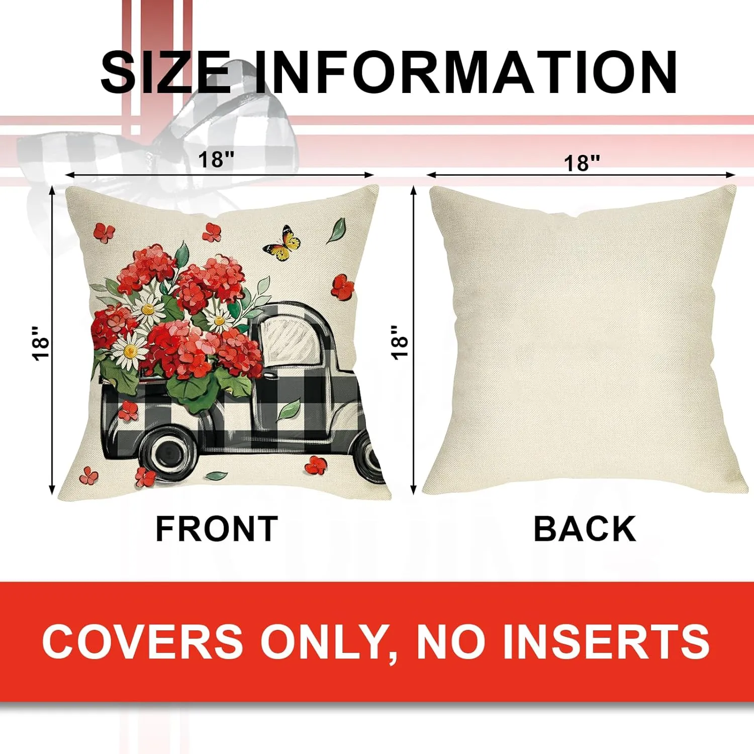 Hello Spring Decorative Throw Pillow Covers 18 x 18 Set of 4, Just Bloom Geranium Daisy Flower Floral Cushion Case Decor, Buffalo Plaid Check Truck Farmhouse Home Decoration for Sofa Couch