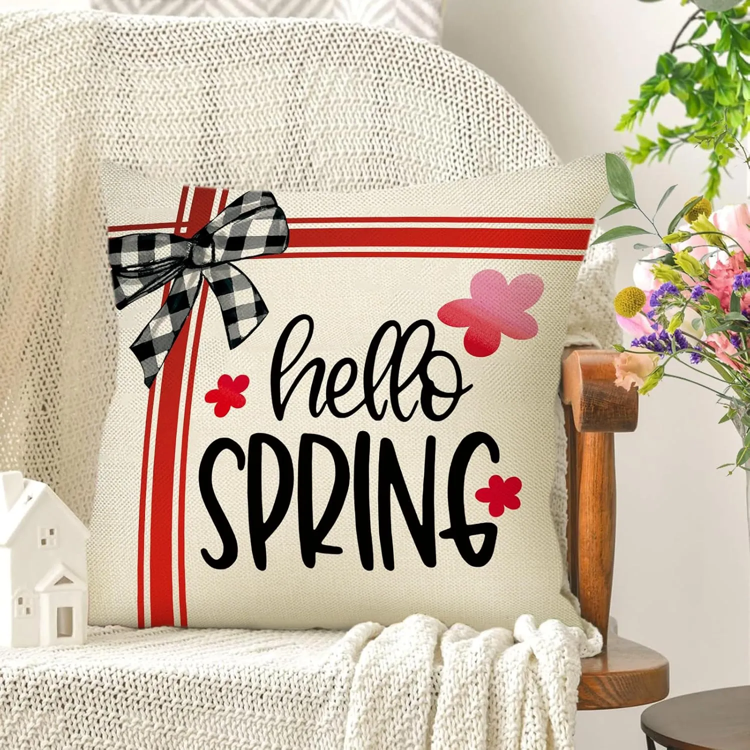 Hello Spring Decorative Throw Pillow Covers 18 x 18 Set of 4, Just Bloom Geranium Daisy Flower Floral Cushion Case Decor, Buffalo Plaid Check Truck Farmhouse Home Decoration for Sofa Couch