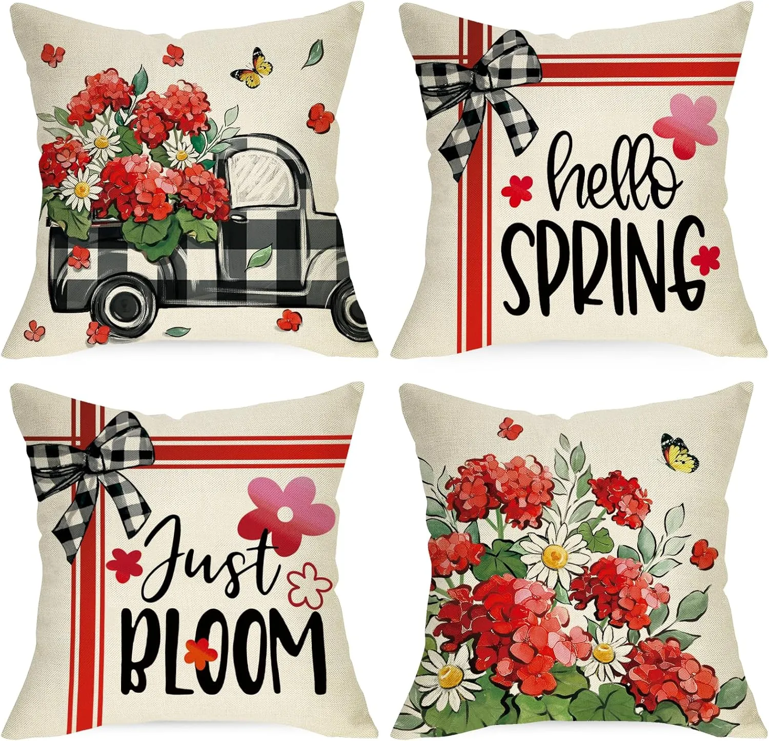 Hello Spring Decorative Throw Pillow Covers 18 x 18 Set of 4, Just Bloom Geranium Daisy Flower Floral Cushion Case Decor, Buffalo Plaid Check Truck Farmhouse Home Decoration for Sofa Couch