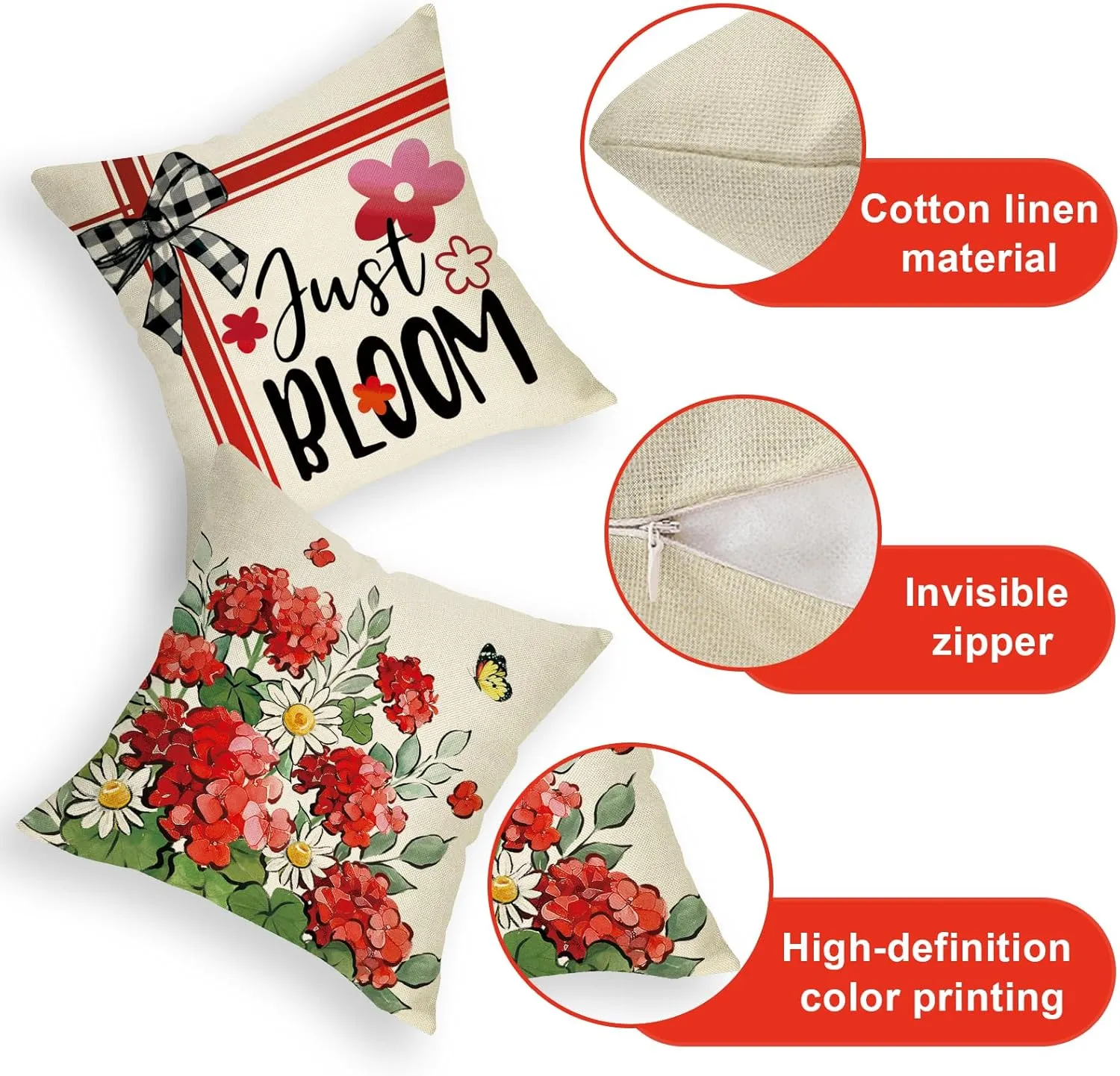 Hello Spring Decorative Throw Pillow Covers 18 x 18 Set of 4, Just Bloom Geranium Daisy Flower Floral Cushion Case Decor, Buffalo Plaid Check Truck Farmhouse Home Decoration for Sofa Couch