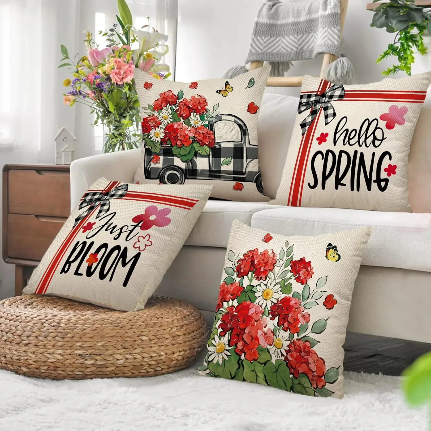 Hello Spring Decorative Throw Pillow Covers 18 x 18 Set of 4, Just Bloom Geranium Daisy Flower Floral Cushion Case Decor, Buffalo Plaid Check Truck Farmhouse Home Decoration for Sofa Couch