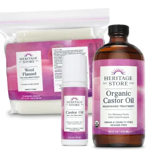 HERITAGE STORE Castor Oil Pack Wrap Kit - 3oz Roll On, 16oz Organic Castor Oil, 12 x 27 in. Wool Flannel Cloth for Soothing Packs - Heat Compress for Abdomen, Joints, Overall Health