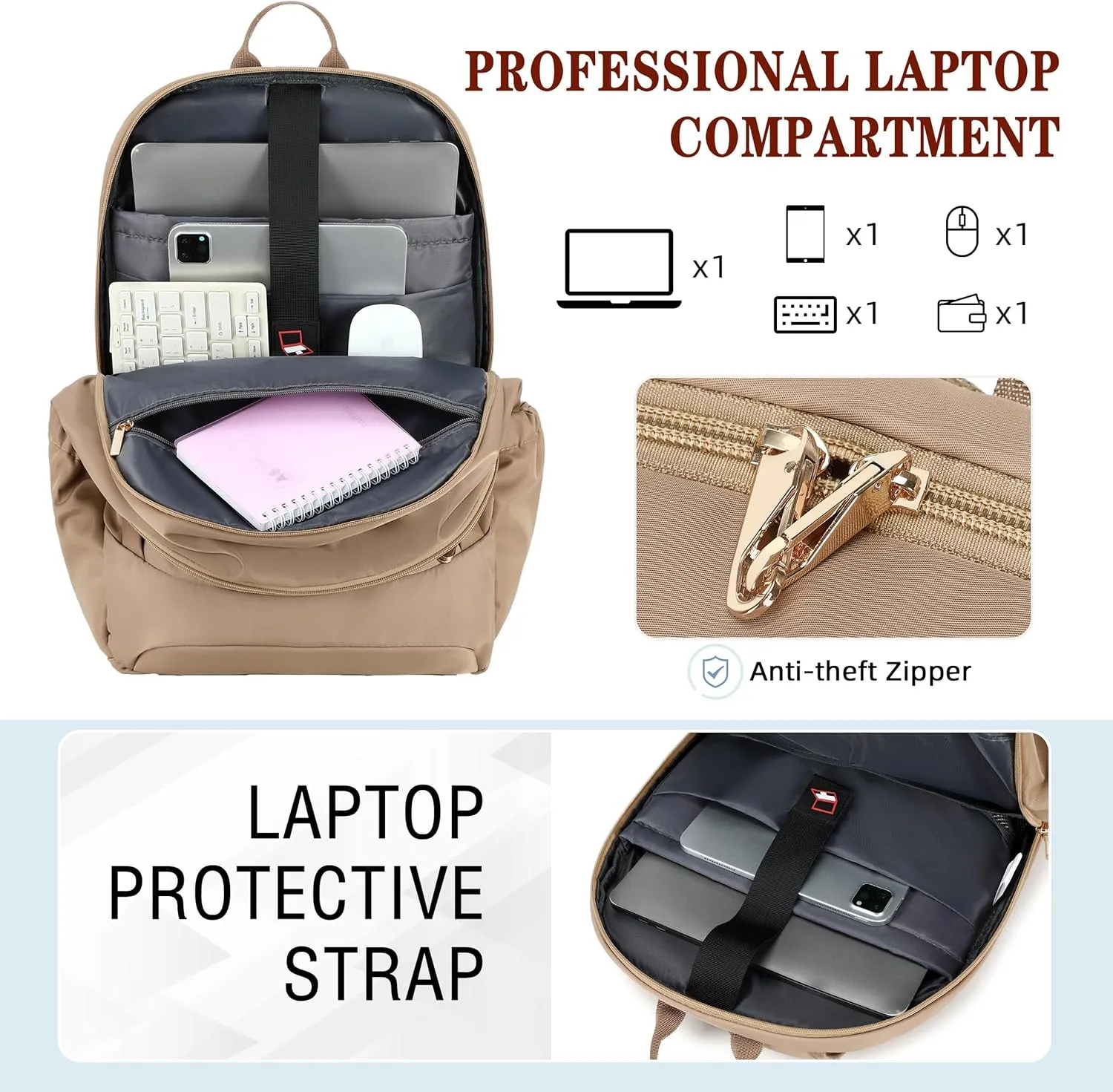 Hidds Travel Laptop Backpack for Women 15.6 Inch Computer Backpacks with USB Charging Hole Anti Theft Carry on Bag College Bookbag Large Back Pack for Work Business Traveling Commuter Daypack-Coffee