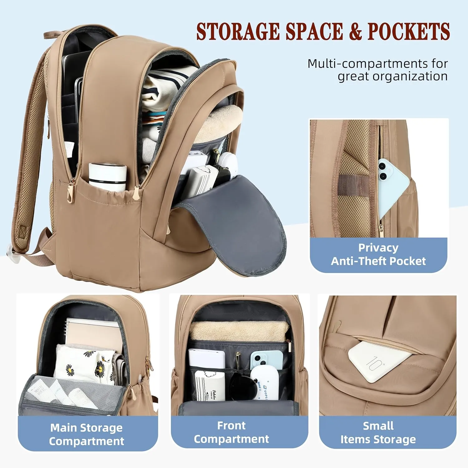 Hidds Travel Laptop Backpack for Women 15.6 Inch Computer Backpacks with USB Charging Hole Anti Theft Carry on Bag College Bookbag Large Back Pack for Work Business Traveling Commuter Daypack-Coffee