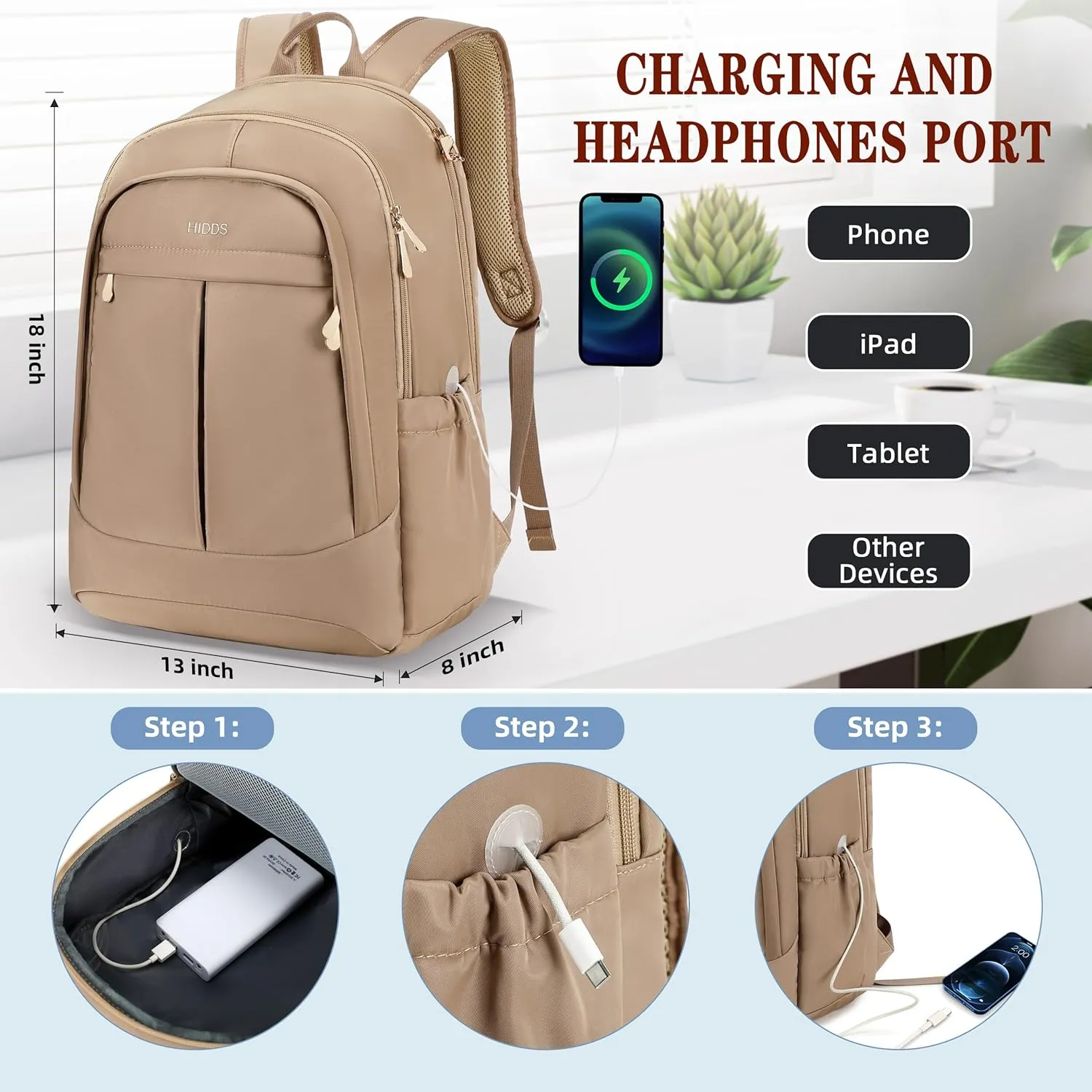 Hidds Travel Laptop Backpack for Women 15.6 Inch Computer Backpacks with USB Charging Hole Anti Theft Carry on Bag College Bookbag Large Back Pack for Work Business Traveling Commuter Daypack-Coffee
