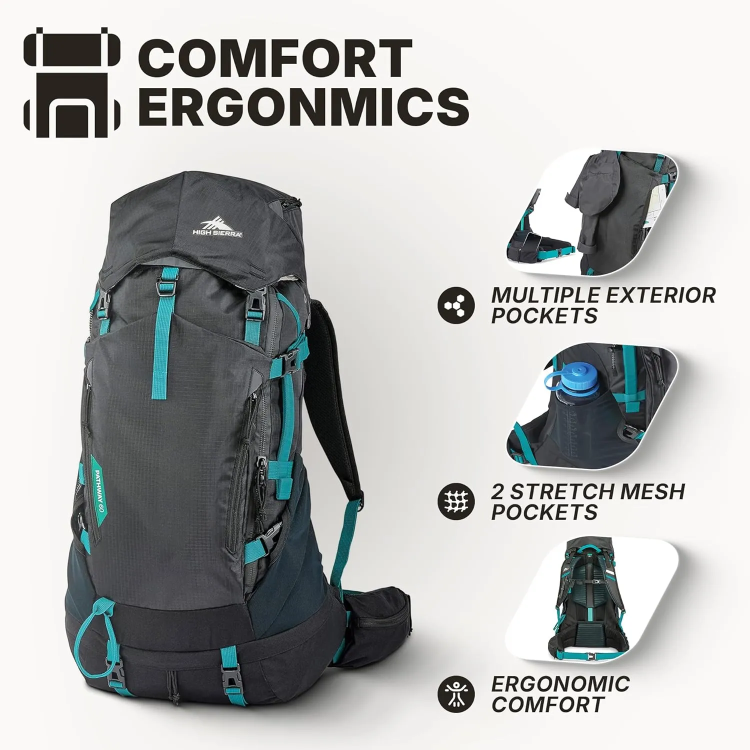 High Sierra Pathway 2.0 Backpack with Hydration Storage Sleeve, for Hiking, Biking, Camping, Traveling, Black, 60L
