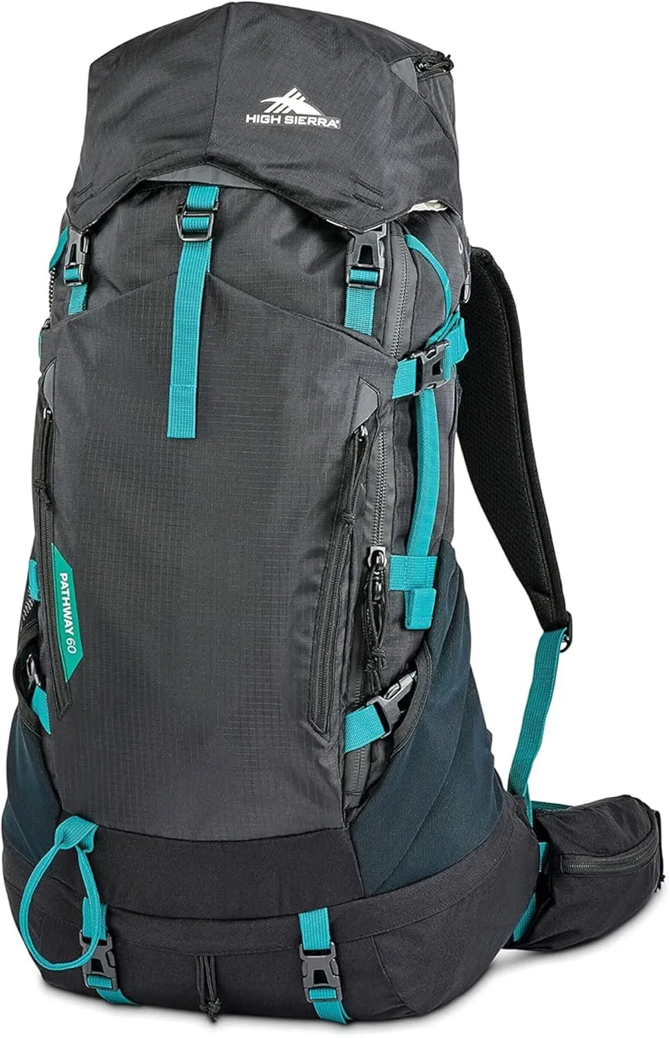 High Sierra Pathway 2.0 Backpack with Hydration Storage Sleeve, for Hiking, Biking, Camping, Traveling, Black, 60L