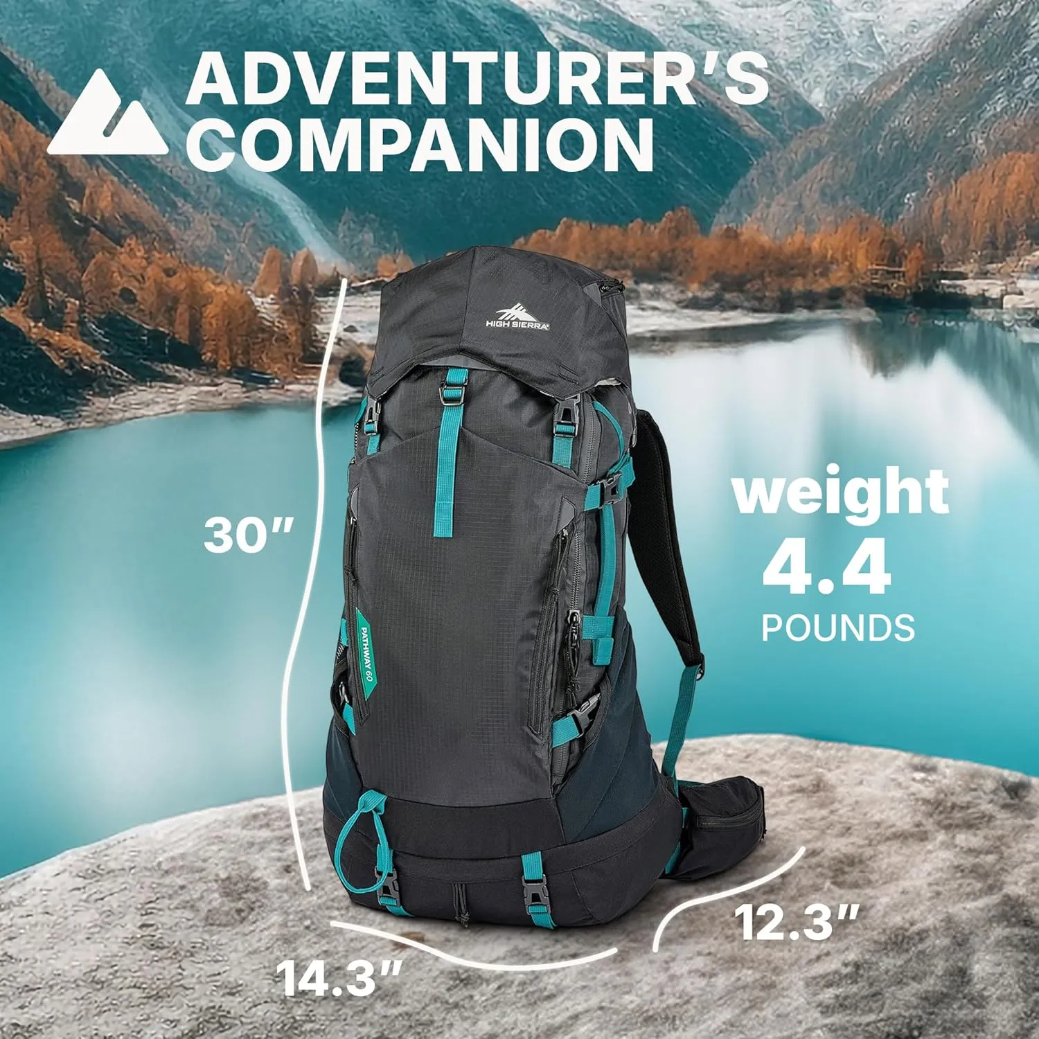 High Sierra Pathway 2.0 Backpack with Hydration Storage Sleeve, for Hiking, Biking, Camping, Traveling, Black, 60L