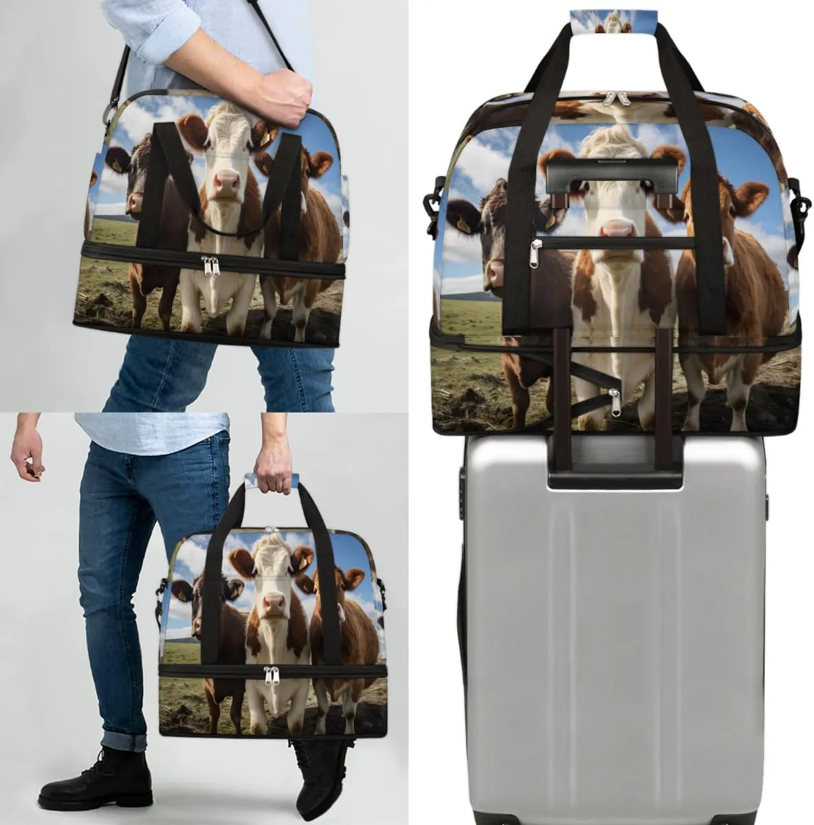 Highland Cattle Cow Foldable Travel Duffel Bag Overnight Weekender Bag with Shoes Compartment Sports Gym Bag for Men Women
