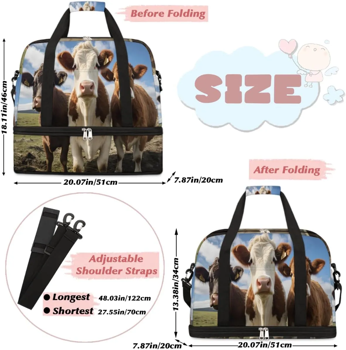 Highland Cattle Cow Foldable Travel Duffel Bag Overnight Weekender Bag with Shoes Compartment Sports Gym Bag for Men Women