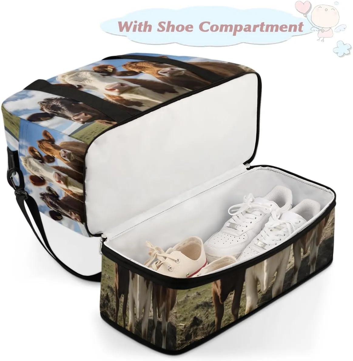 Highland Cattle Cow Foldable Travel Duffel Bag Overnight Weekender Bag with Shoes Compartment Sports Gym Bag for Men Women