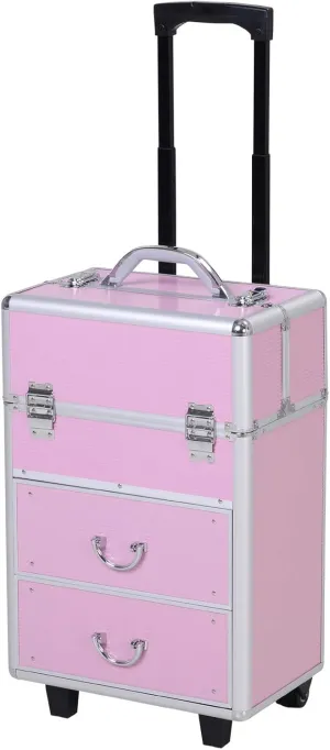 HOMCOM Professional Rolling Full Makeup Travel Train Case, Large Storage Cosmetic Trolley with Folding Trays, Drawer and Locks, Bubblegum Pink
