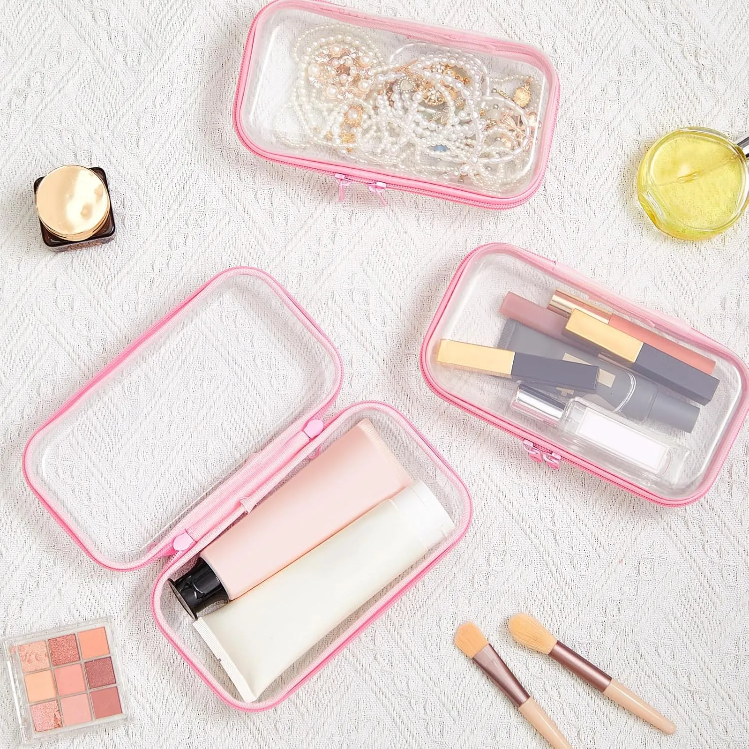 Hoolerry 3 Pcs Clear Hard Zipper Case Plastic Pouch Transparent Hard Case Clear Makeup Bag Portable Travel Organizer Bin for Cosmetics, Building Blocks, Puzzles(Pink,S)