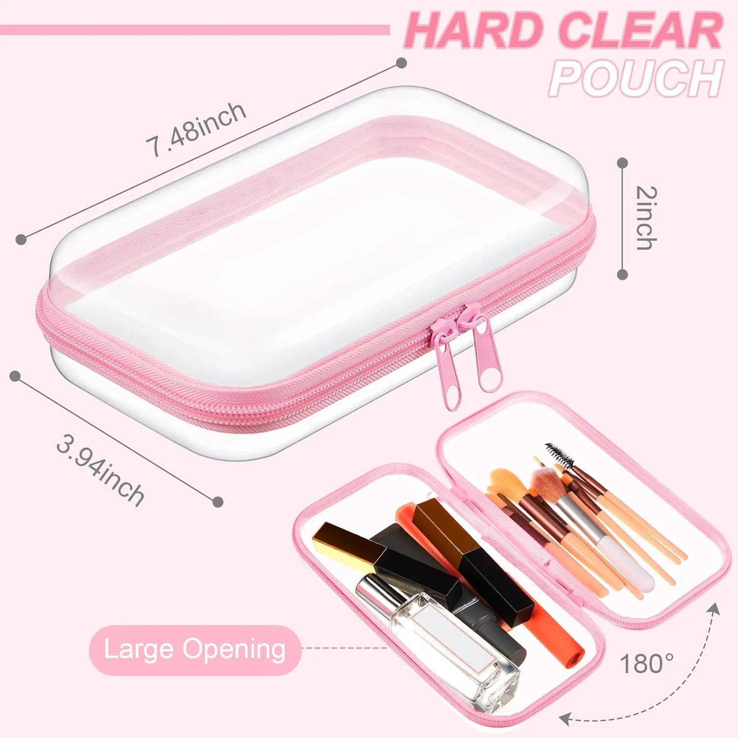 Hoolerry 3 Pcs Clear Hard Zipper Case Plastic Pouch Transparent Hard Case Clear Makeup Bag Portable Travel Organizer Bin for Cosmetics, Building Blocks, Puzzles(Pink,S)