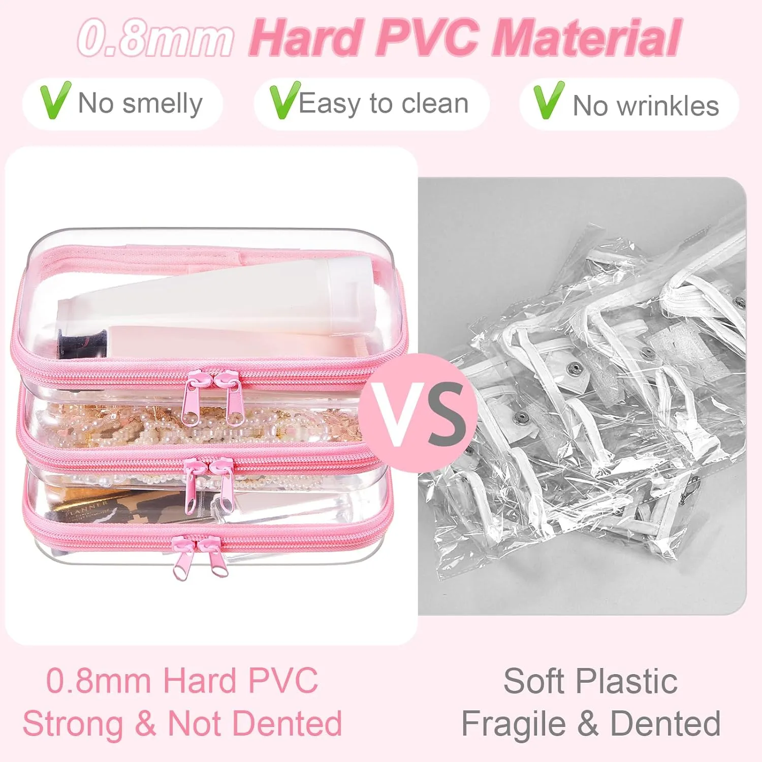 Hoolerry 3 Pcs Clear Hard Zipper Case Plastic Pouch Transparent Hard Case Clear Makeup Bag Portable Travel Organizer Bin for Cosmetics, Building Blocks, Puzzles(Pink,S)