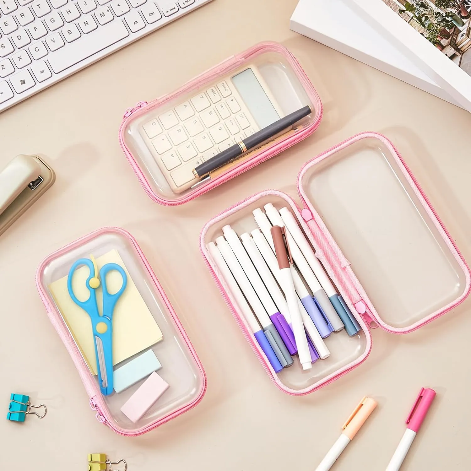 Hoolerry 3 Pcs Clear Hard Zipper Case Plastic Pouch Transparent Hard Case Clear Makeup Bag Portable Travel Organizer Bin for Cosmetics, Building Blocks, Puzzles(Pink,S)