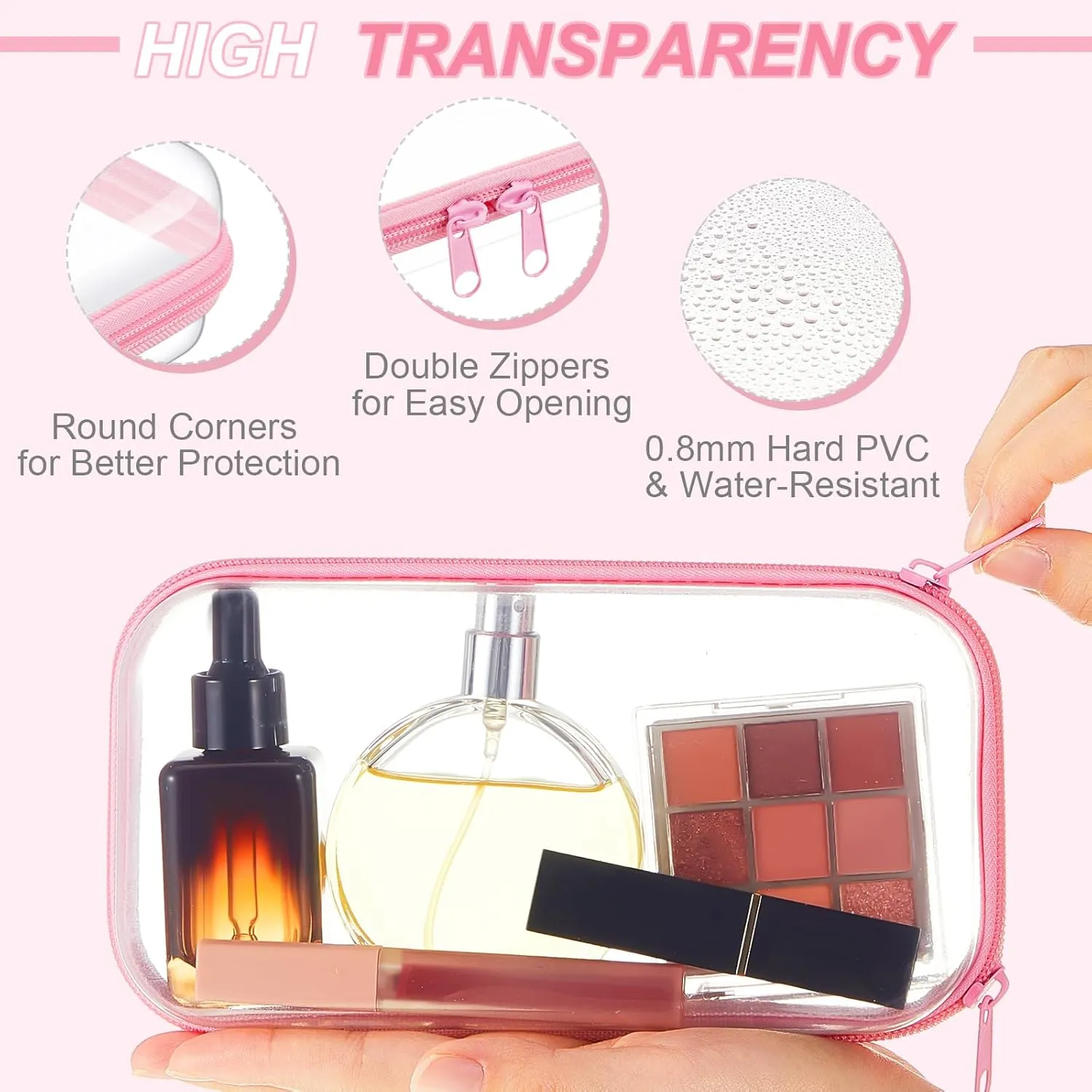Hoolerry 3 Pcs Clear Hard Zipper Case Plastic Pouch Transparent Hard Case Clear Makeup Bag Portable Travel Organizer Bin for Cosmetics, Building Blocks, Puzzles(Pink,S)