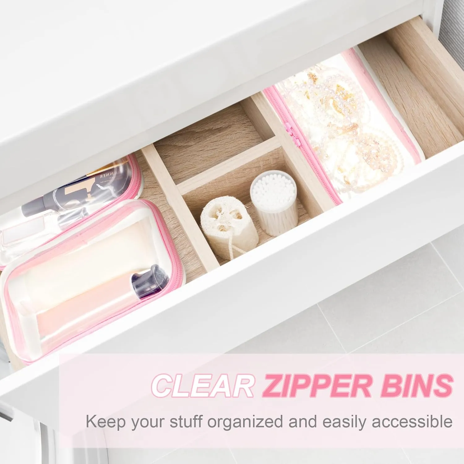 Hoolerry 3 Pcs Clear Hard Zipper Case Plastic Pouch Transparent Hard Case Clear Makeup Bag Portable Travel Organizer Bin for Cosmetics, Building Blocks, Puzzles(Pink,S)
