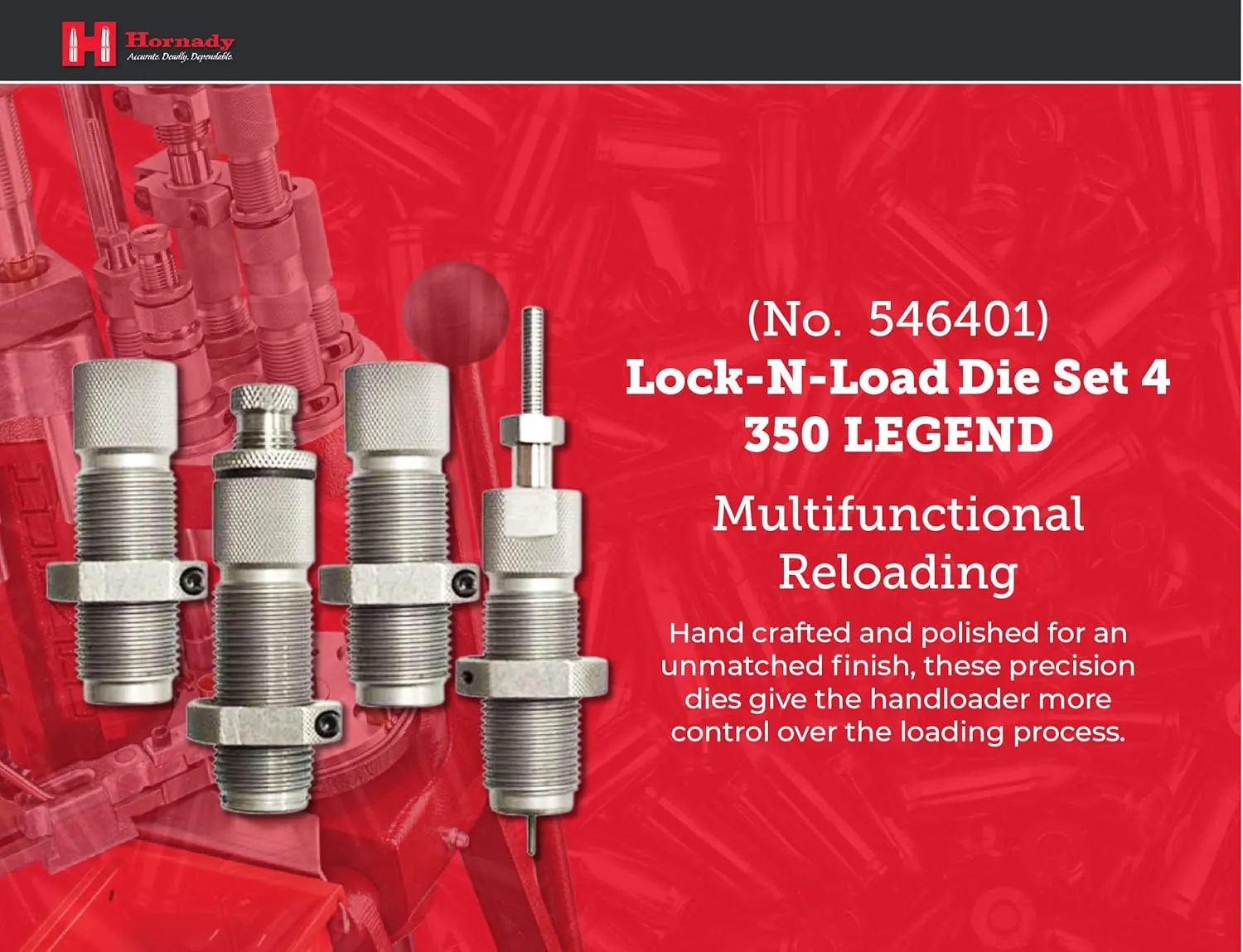 Hornady Custom Grade New Dimension 4-Die Set - Caliber Specific Reloading Equipment for Handloaders with Full Length Sizer Die, Seating Die, Sure-Loc Rings, & Storage Box