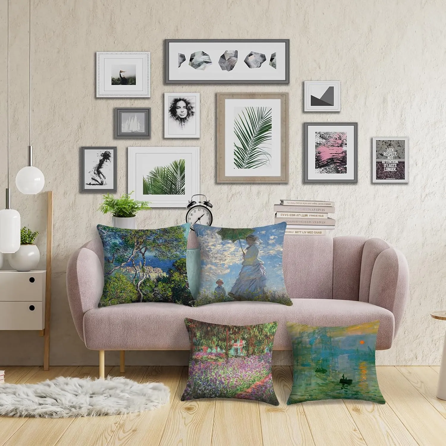 HOSTECCO Claude Monet Painting Throw Pillow Covers 18x18 inches Set of 4 Sunrise The Impression Art Painting Pillow Cases Square Decorative Cushion Covers for Sofa Couch Car