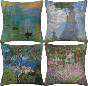 HOSTECCO Claude Monet Painting Throw Pillow Covers 18x18 inches Set of 4 Sunrise The Impression Art Painting Pillow Cases Square Decorative Cushion Covers for Sofa Couch Car