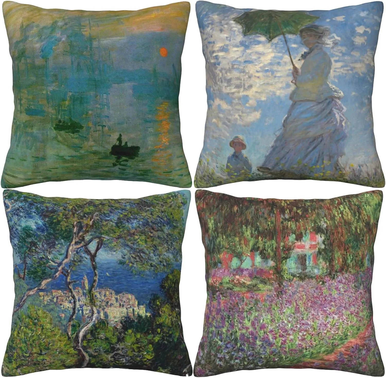 HOSTECCO Claude Monet Painting Throw Pillow Covers 18x18 inches Set of 4 Sunrise The Impression Art Painting Pillow Cases Square Decorative Cushion Covers for Sofa Couch Car