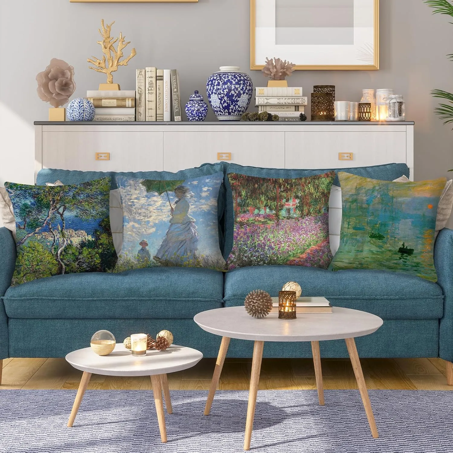 HOSTECCO Claude Monet Painting Throw Pillow Covers 18x18 inches Set of 4 Sunrise The Impression Art Painting Pillow Cases Square Decorative Cushion Covers for Sofa Couch Car