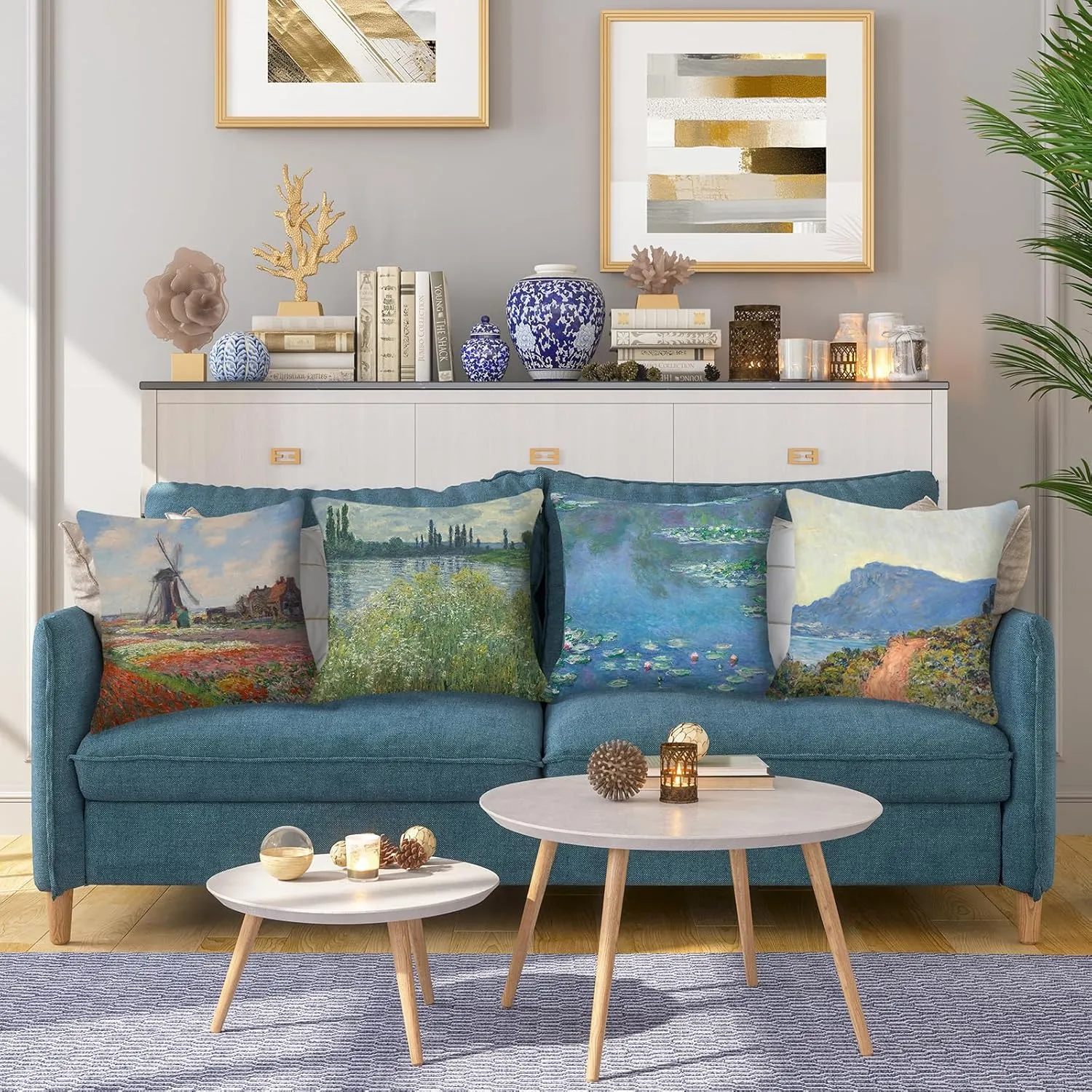 HOSTECCO Claude Monet Throw Pillow Covers Set of 4 Farmhouse Pillow Cases Square Decorative Cushion Covers 18x18 inch/45x45 cm