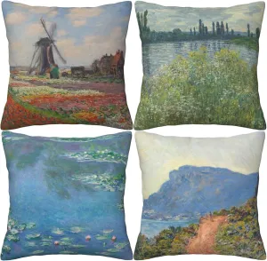 HOSTECCO Claude Monet Throw Pillow Covers Set of 4 Farmhouse Pillow Cases Square Decorative Cushion Covers 18x18 inch/45x45 cm
