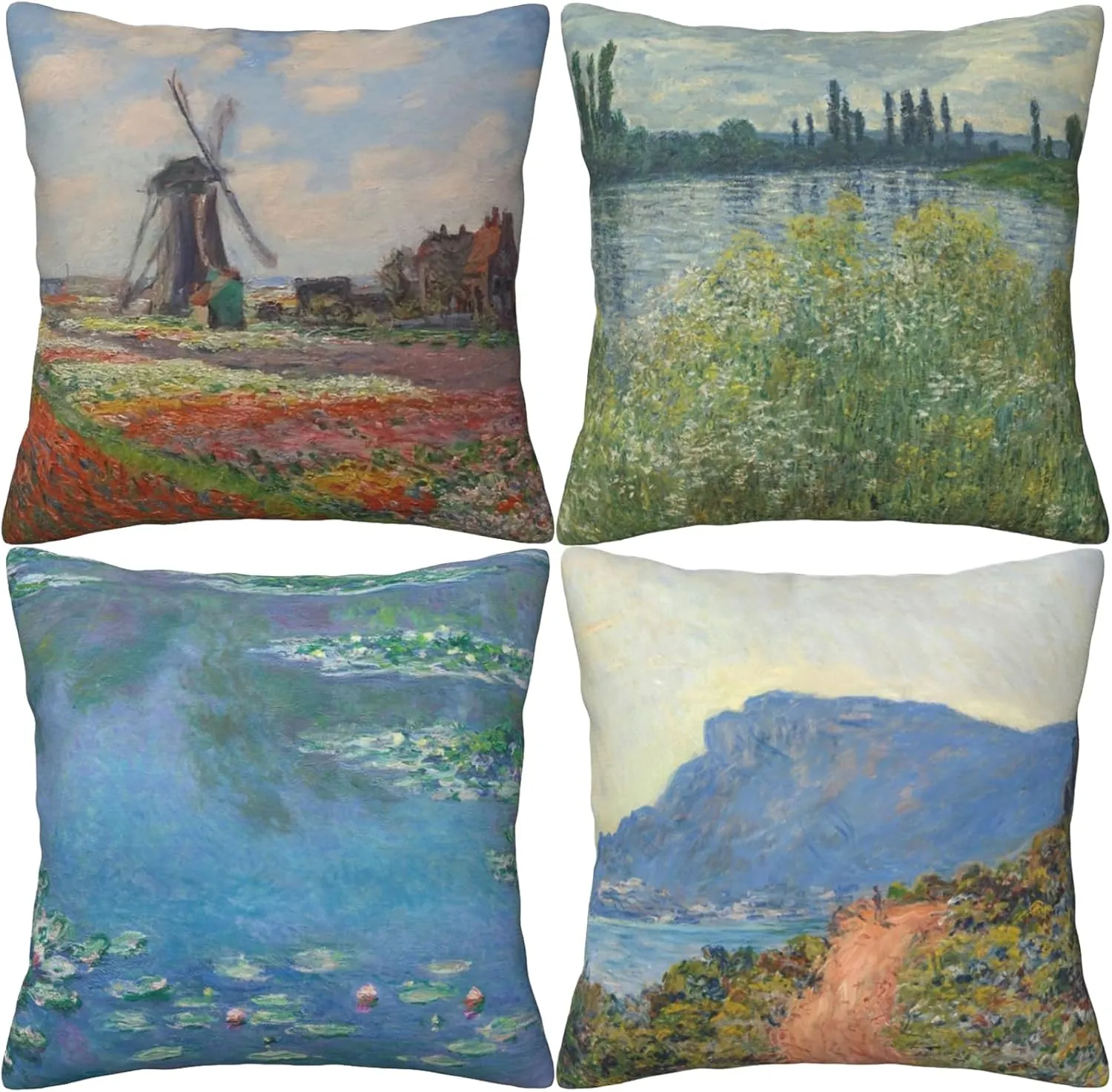 HOSTECCO Claude Monet Throw Pillow Covers Set of 4 Farmhouse Pillow Cases Square Decorative Cushion Covers 18x18 inch/45x45 cm
