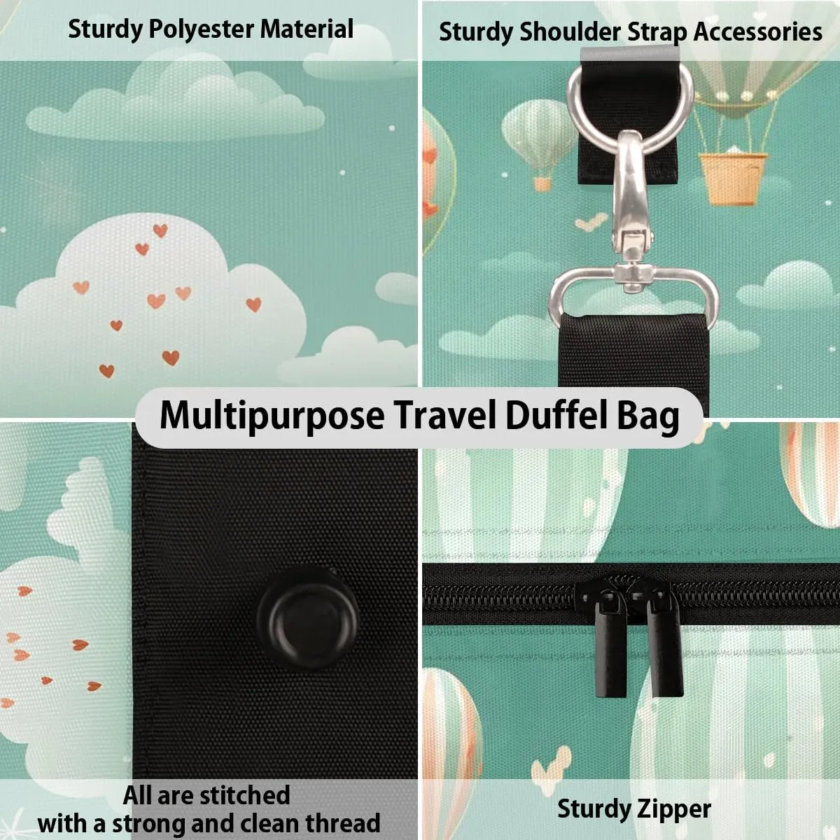 Hot Air Balloon Colorful Travel Duffel Bag for Women Men Waterproof Foldable Overnight Weekender Bag Large Capacity Sports Gym Bag