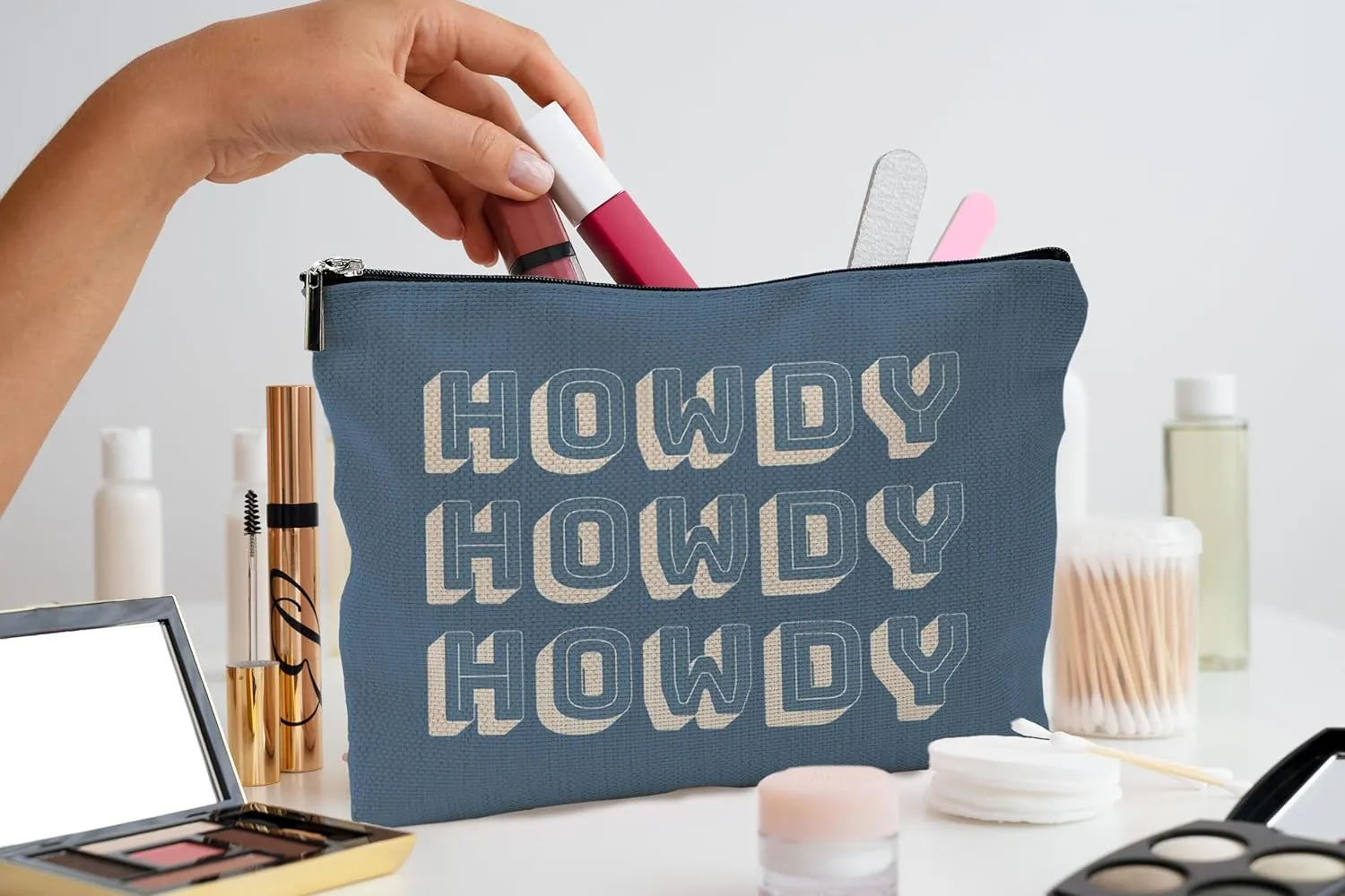 Howdy Makeup Bag - Blue Cowgirl Cosmetic Bag With Zipper