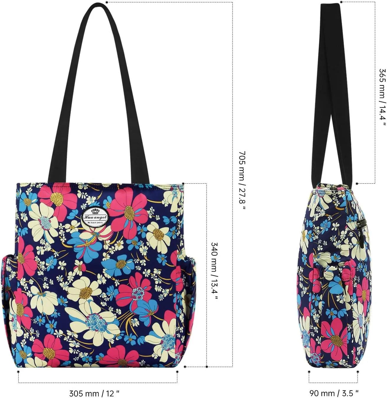 HUA ANGEL Floral Tote Bag - Casual Shoulder Bag Daily Tote Bag with Zipper Gym Travel Shopping Work Handbag for Women