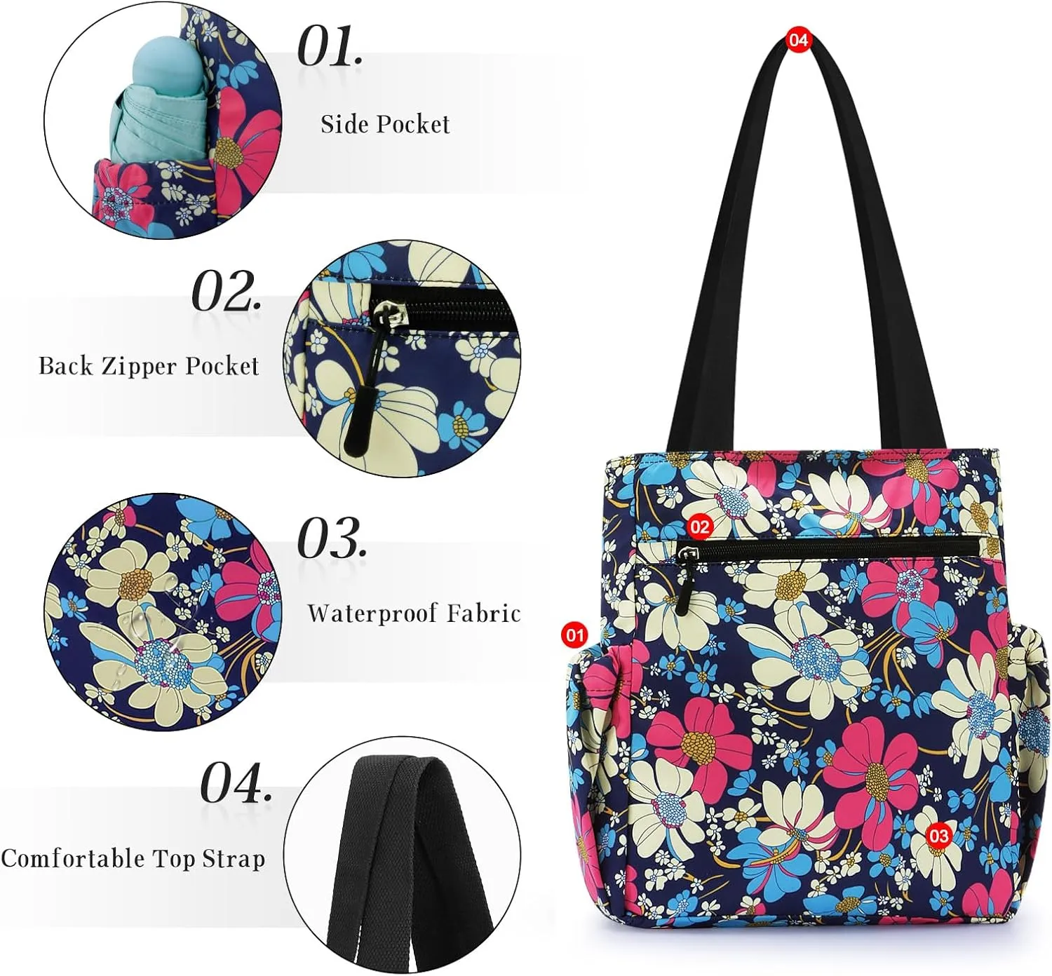 HUA ANGEL Floral Tote Bag - Casual Shoulder Bag Daily Tote Bag with Zipper Gym Travel Shopping Work Handbag for Women