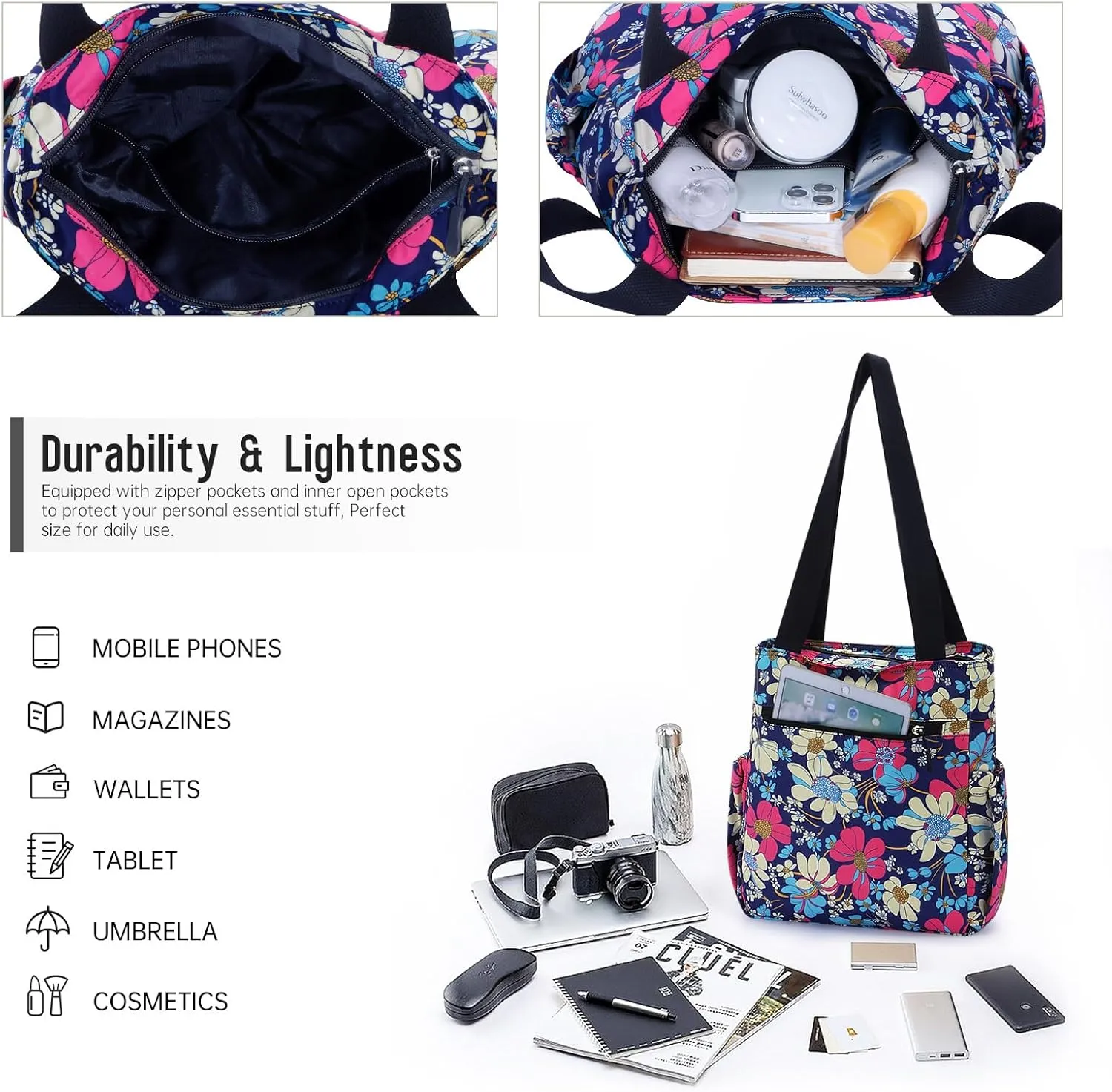 HUA ANGEL Floral Tote Bag - Casual Shoulder Bag Daily Tote Bag with Zipper Gym Travel Shopping Work Handbag for Women