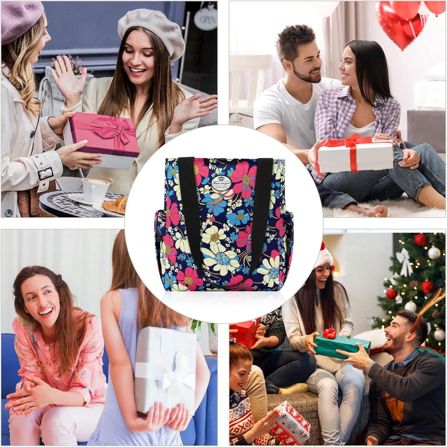 HUA ANGEL Floral Tote Bag - Casual Shoulder Bag Daily Tote Bag with Zipper Gym Travel Shopping Work Handbag for Women