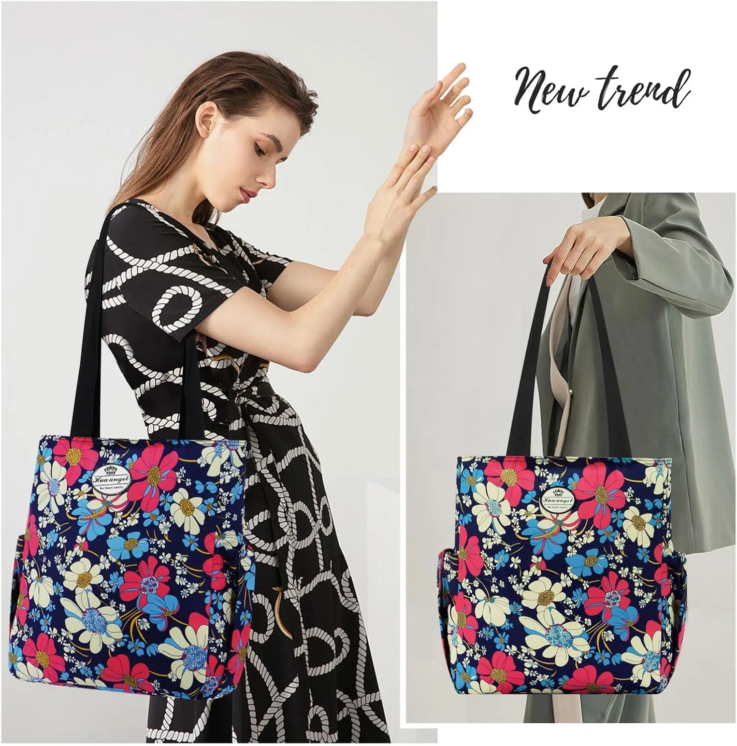HUA ANGEL Floral Tote Bag - Casual Shoulder Bag Daily Tote Bag with Zipper Gym Travel Shopping Work Handbag for Women