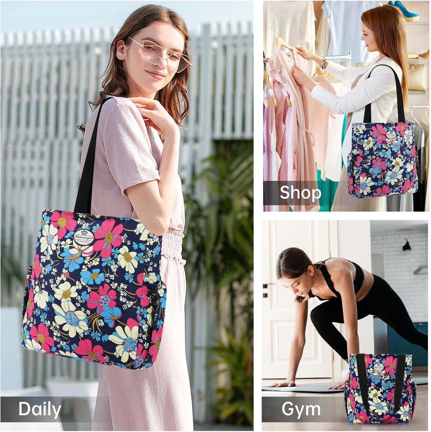 HUA ANGEL Floral Tote Bag - Casual Shoulder Bag Daily Tote Bag with Zipper Gym Travel Shopping Work Handbag for Women