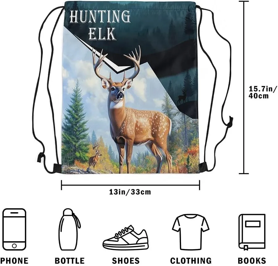 Hunting Elk Drawstring Bag,Animal Deer Antler Drawstring Backpack,Western Rustic Farmhouse Draw String Bag Gym Packs Large Capacity