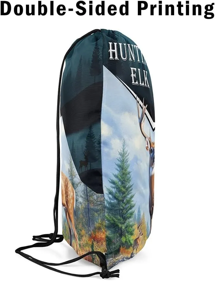Hunting Elk Drawstring Bag,Animal Deer Antler Drawstring Backpack,Western Rustic Farmhouse Draw String Bag Gym Packs Large Capacity