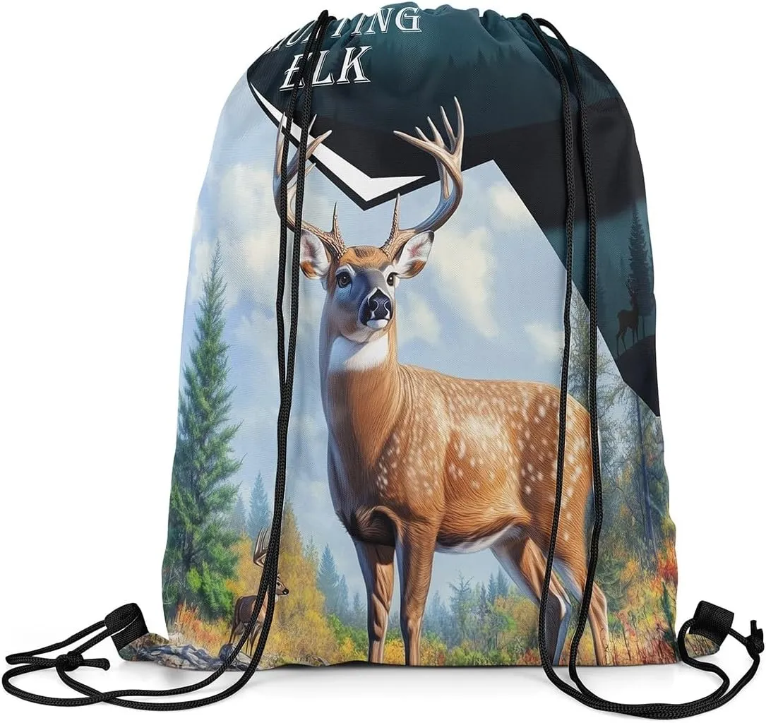 Hunting Elk Drawstring Bag,Animal Deer Antler Drawstring Backpack,Western Rustic Farmhouse Draw String Bag Gym Packs Large Capacity
