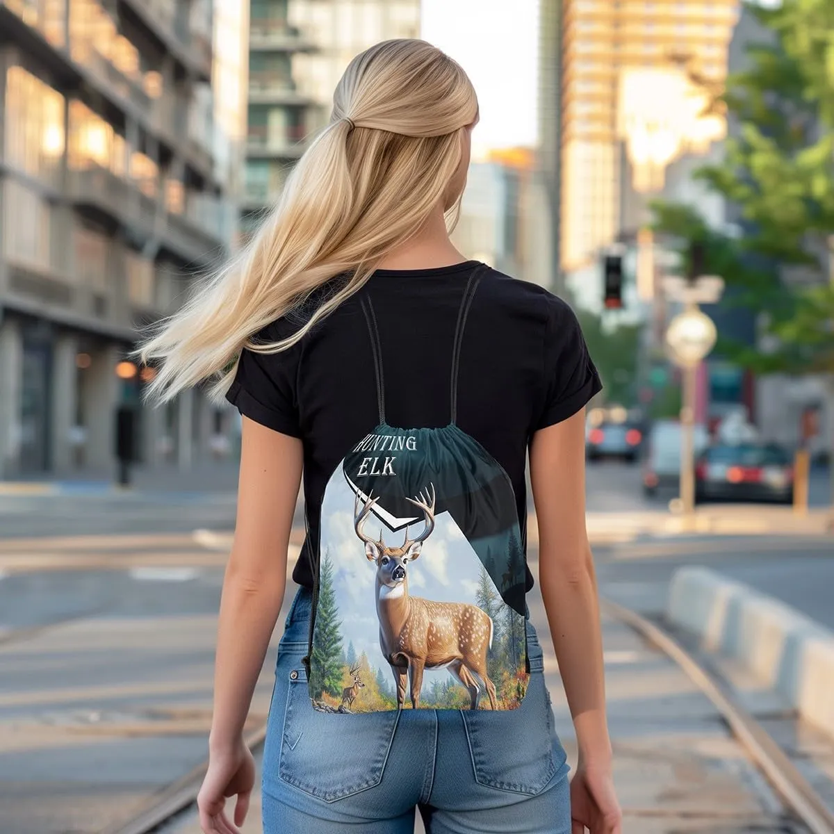 Hunting Elk Drawstring Bag,Animal Deer Antler Drawstring Backpack,Western Rustic Farmhouse Draw String Bag Gym Packs Large Capacity