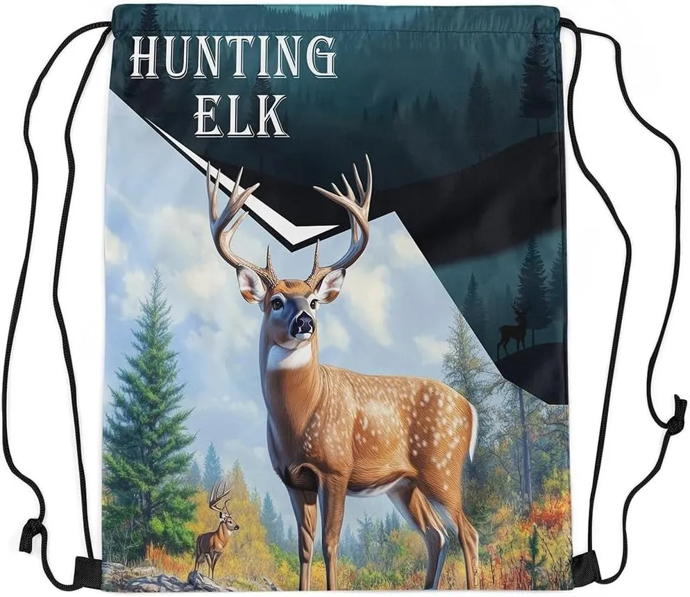 Hunting Elk Drawstring Bag,Animal Deer Antler Drawstring Backpack,Western Rustic Farmhouse Draw String Bag Gym Packs Large Capacity